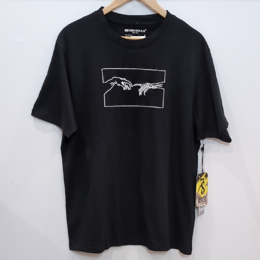 SEVEN SOULS | Men's Black/White Creation of Adam Embroidered Crewneck T-Shirt